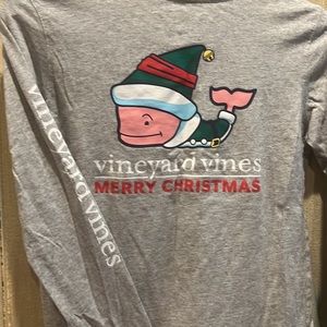 Vineyard Vines Merry Christmas Whale Long‎ Sleeve Gray Pocket Tee